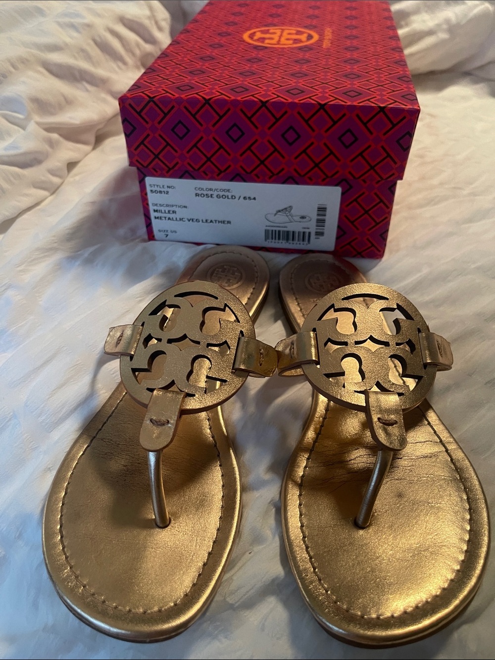 Tory Burch Metallic Rose Gold Miller Logo Thong Sandals